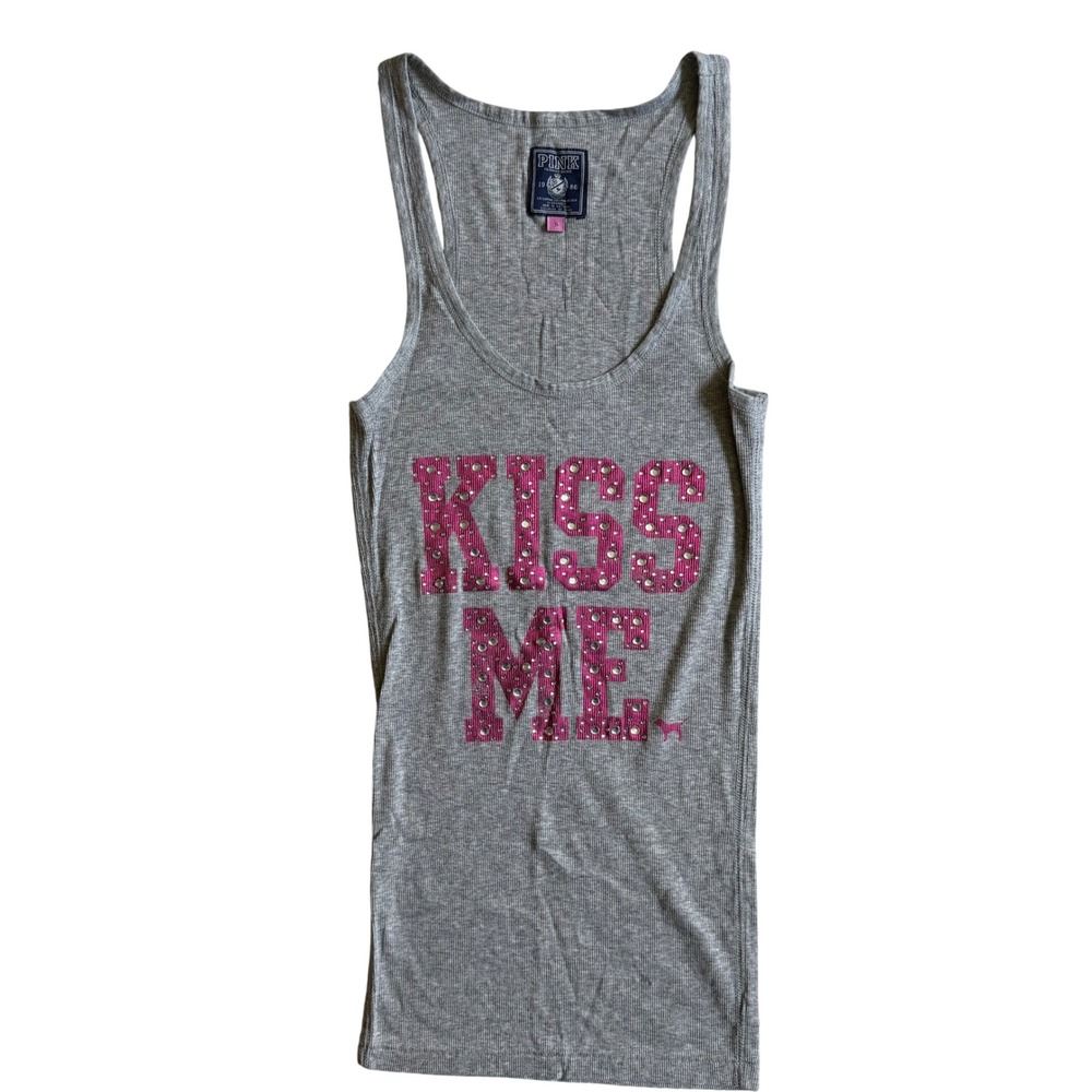 PINK Y2K  Mcbling Rhinestone Bedazzled Womens Kiss Me Ribbed Tank Top Heather